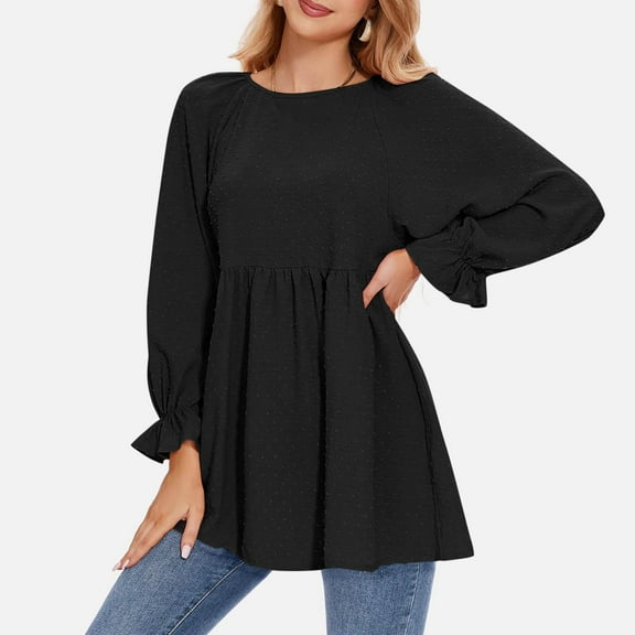 Plus Size Tops for Women 4X-5X Dressy Long Elastic Sleeves Shirts for Women Crewneck Pleated Tops Loose Blouse Fashion Cute Shirt Mini Dress Spring Fall Going Out Tops for Women Long Sleeve Flowy
