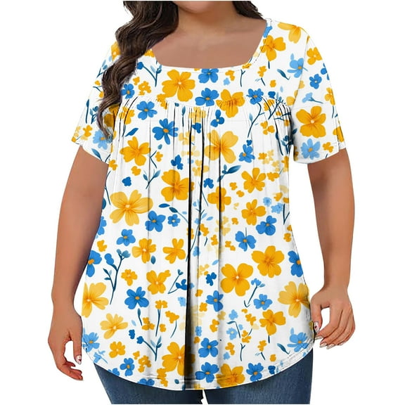 Plus Size Tops for Women Casual Summer Short Sleeve T Shirts Fashion Pleated Printing Pullover Oversized Loose Square Collar Blouses Tops Printing 0 63XL