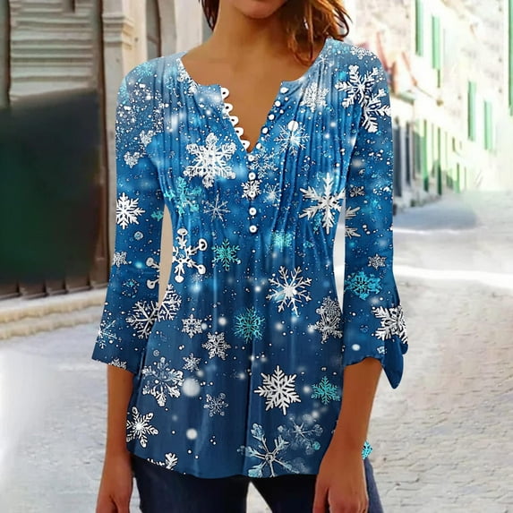 Plus Size Tops for Women Christmas Long Sleeved Tunic Printed Casual V-neck Pullover Flowy Tunic Top Pleated Casual Blouses Loose Fit Dressy Womens Tops Blue XXL