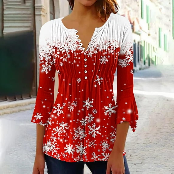 Plus Size Tops for Women Christmas Long Sleeved Tunic Printed Casual V-neck Pullover Flowy Tunic Top Pleated Casual Blouses Loose Fit Dressy Womens Tops Red XXL