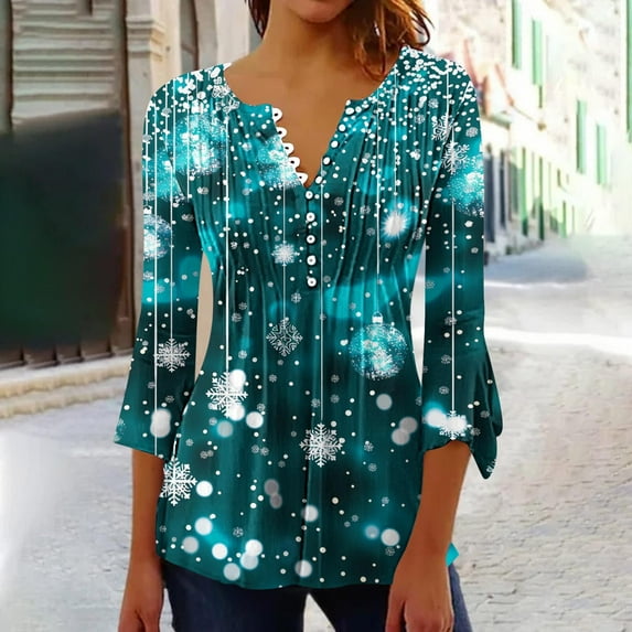 Plus Size Tops for Women Christmas Long Sleeved Tunic Printed Casual V-neck Pullover Flowy Tunic Top Pleated Casual Blouses Loose Fit Dressy Womens Tops Mint Green XXL