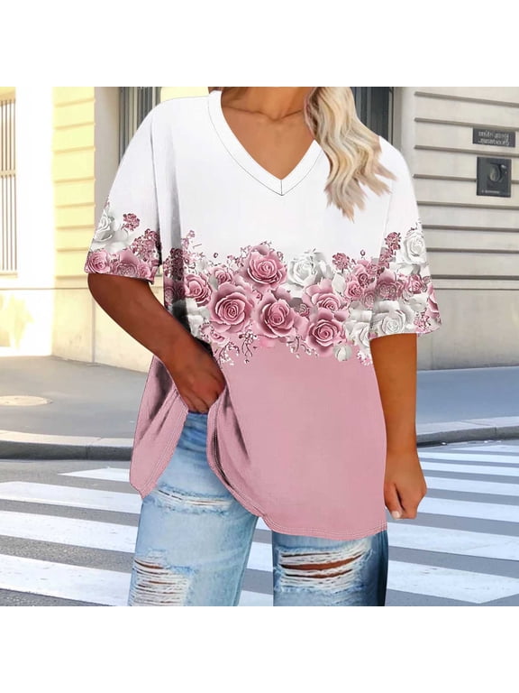Plus Size Tops for Women Dressy Casual Short Sleeve Summer Shirts Oversized V Neck T Shirt Loose Fit Tunic Blouses Fashion Printed Graphic Tees