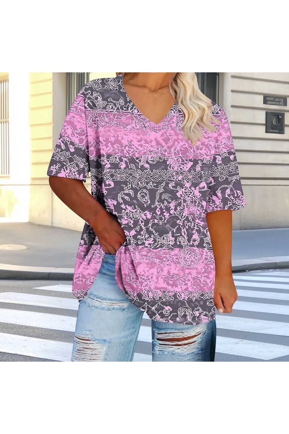 Plus Size Tops for Women Dressy Casual Short Sleeve Summer Shirts Oversized V Neck T Shirt Loose Fit Tunic Blouses Fashion Printed Graphic Tees
