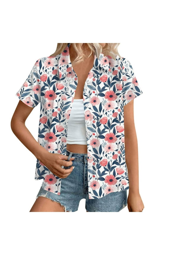 Plus Size Tops for Women Hawaiian Coconut Printed Shirts Classic Short Sleeve Button V Neck Blouse Trendy Tropic Tshirts Dressy Casual Business Work Shirt