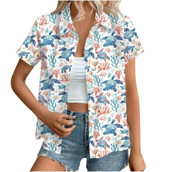 Plus Size Tops for Women Hawaiian Coconut Printed Shirts Classic Short Sleeve Button V Neck Blouse Trendy Tropic Tshirts Dressy Casual Business Work Shirt