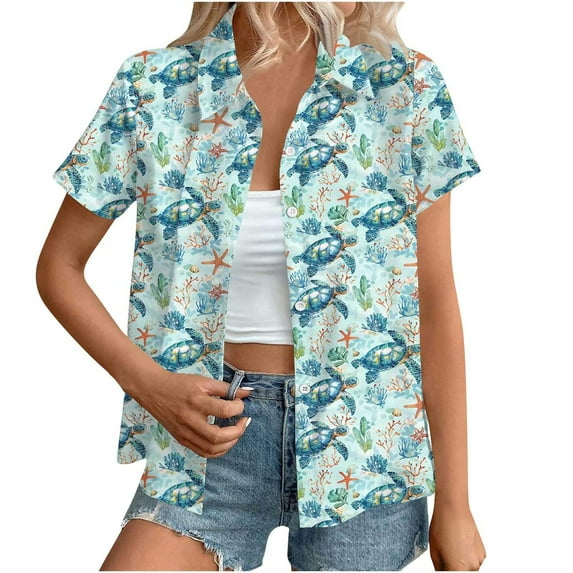 Plus Size Tops for Women Hawaiian Coconut Printed Shirts Classic Short Sleeve Button V Neck Blouse Trendy Tropic Tshirts Dressy Casual Business Work Shirt