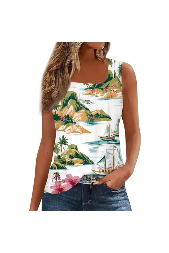 Plus Size Tops For Women, Hawaiian Shirts Sexy Pleated Square Neck Sleeveless Tank Top Sweatshirt Women Spring Tops Crop Casual Clothing Shirts Cropped Tank Tops Shacket (XL, Army Green) ZMTing