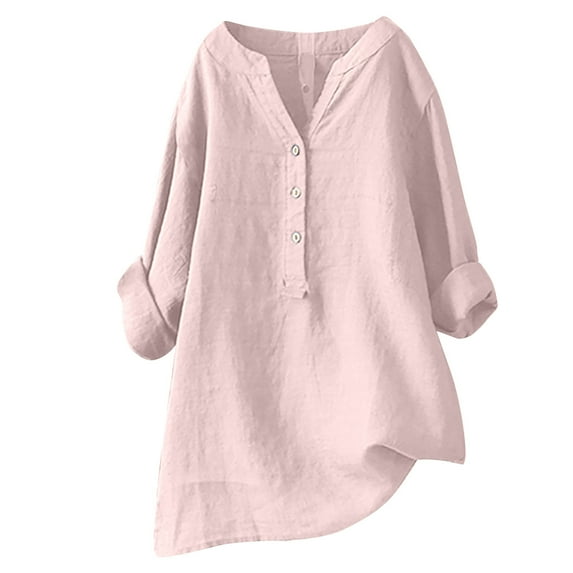 Plus Size Tops for Women Loose Casual Solid Color Linen Blouses Comfy V Neck Longline Shirts with Long Sleeve Ladies Summer Long Tunic Tops Homewear Blouse Front Buttons