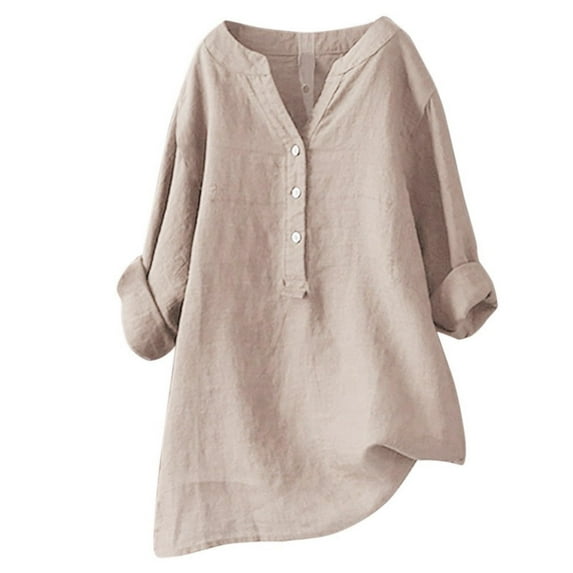 Plus Size Tops for Women Loose Casual Solid Color Linen Blouses Comfy V Neck Longline Shirts with Long Sleeve Ladies Summer Long Tunic Tops Homewear Blouse Front Buttons