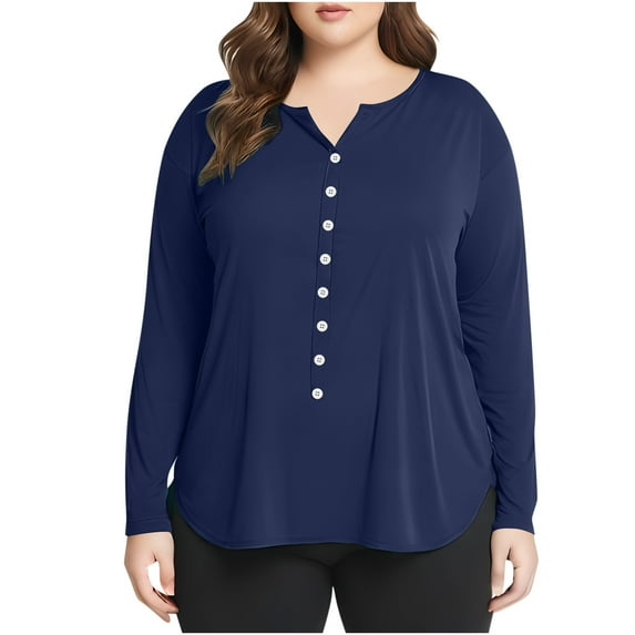 Plus Size Tops for Women Ndbuld Women Women's Plus Size Long Sleeved Solid Color Bottom Pocket Button Cardigan Casual Top Short Sleeve Blouse on Clearance L-5XL Navy XL