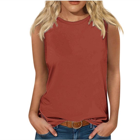 Plus Size Tops for Women New Women's Casual Solid Sleeveless Round Neck Tops Blouse Tank Tops for Women 2025 Plus Size Shirts for Women Summer Orange 3XL