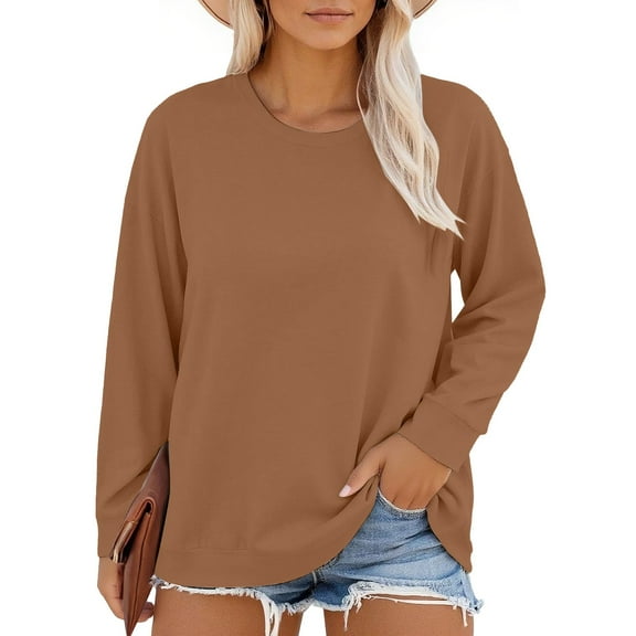 Plus Size Tops for Women Plus Size Womens Clothing Cute Pullover Shirts Crew Neck Basic Tees Shirts Oversize Tops Long Sleeve Tunic Tops Work Out Shirts Women Plus Size Shirts Cozy Tops Coffee S-5XL