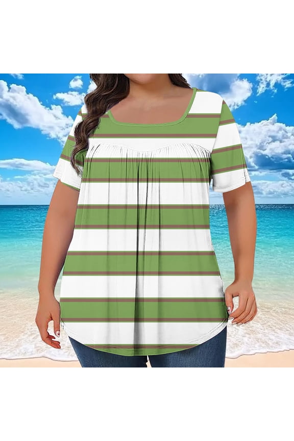 Plus Size Tops for Women Summer 2026 Short Sleeve Shirts Tunics Square Neck Casual Loose Blouses Summer Tops Striped Color Block Fashion T-Shirts Casual Loose Basic Tee Blouses