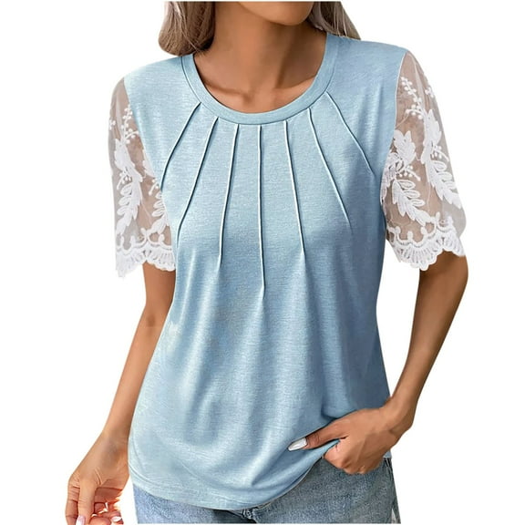 Plus Size Tops for Women,Summer Tops,Women's Fashion Solid T-shirt Lace Short Sleeves Blouse Round Neck Casual Tops