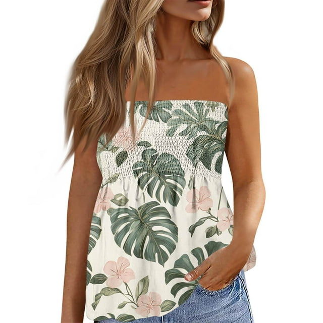 Plus Size Tops For Women, Summer Tube Tops Cute Sexy Off Shoulder Floral Sleeveless Elastic Tunic Smocked Tops Spring Women 2025 Bride Shirt Eyelet Tops Women'S Camisole (XL, Light Green) ZMTing