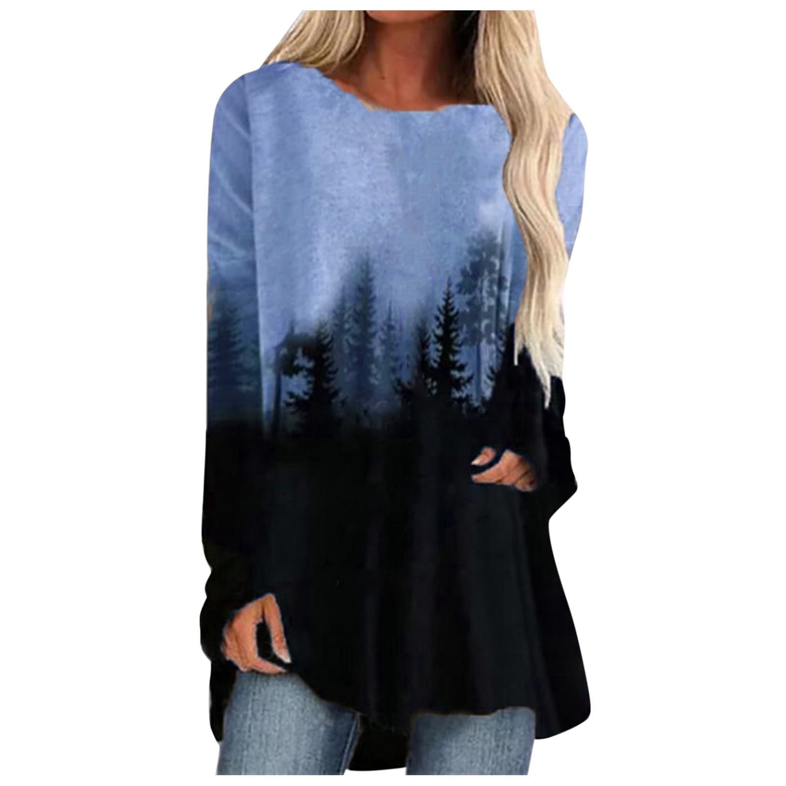 Plus Size Tops for Women Tunic Tops to Wear with Leggings Flowy Hide Belly  Long Shirt Dressy Long Sleeve Shirts Comfy Round Neck Dandelion Graphic  Navy M 