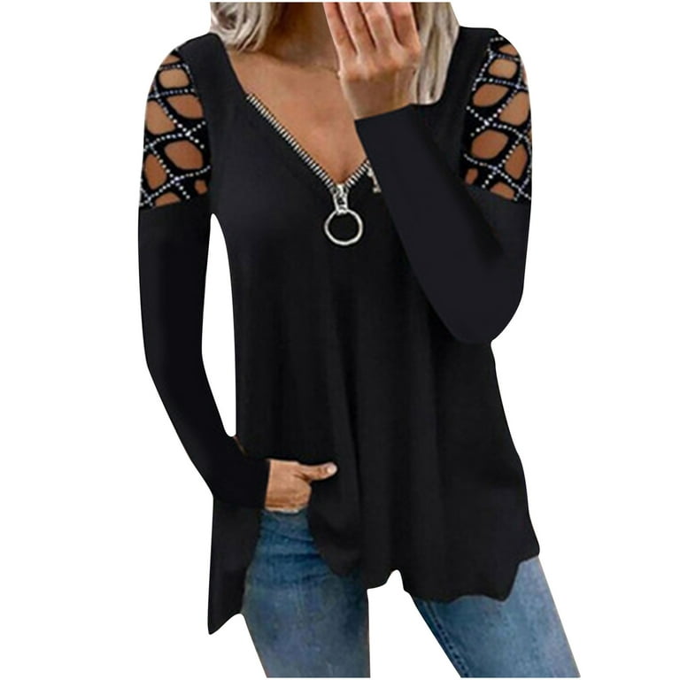 Plus Size Tops for Women Tunic Tops to Wear with Leggings Flowy Sexy Hollow  out Shoulder Long Shirt Comfy Long Sleeve Shirts V-Neck Solid Dressy Black  M 