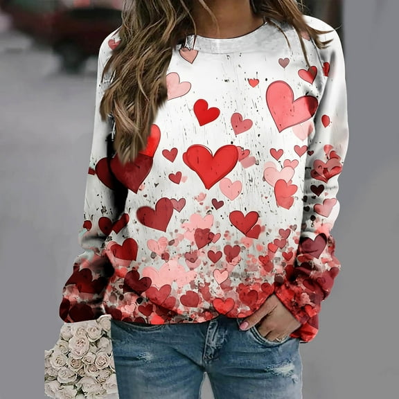 Plus Size Tops for Women Viikei Fall Womens Tops Long Sleeve,Women's Fall and Winter Valentine's Day Print Casual Long Sleeved Round Neck Hooded Sweatshirt Tops Blouse Red XL