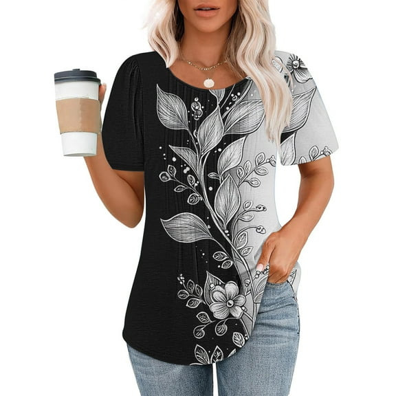 Plus Size Tops for Women Viikei Womens Blouses Short Sleeve,Women's Summer Casual Tops Round Neck,Ladies' Casual Short Sleeved Loose Round Neck Printed Top Multicolor L