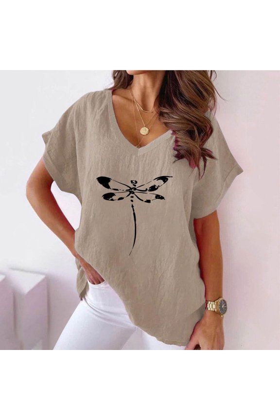 Plus Size Tops for Women Viikei Womens Blouses and Tops Dressy,Womens Floral Tops for $5 Tops,Women V-neck Print T-Shirts Fashion Comfortable Female Blouses Khaki XXXL