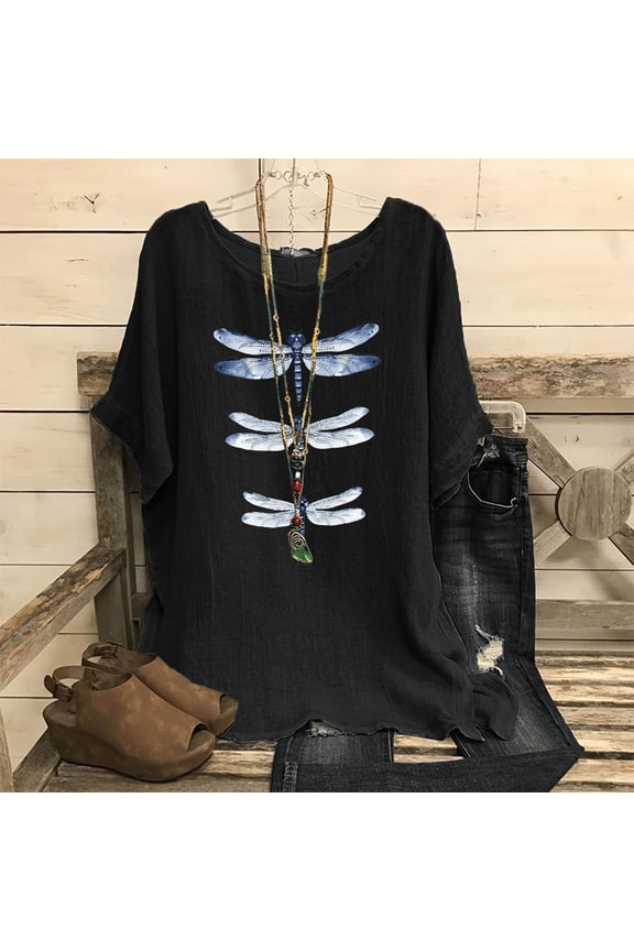 Plus Size Tops for Women Viikei Womens Blouses and Tops Dressy,Womens Floral Tops for $5 Tops,Women's Fashion Print Tees Casual Crew Neck Raglan Short Sleeve Loose T Shirt Linen Blouses Black L