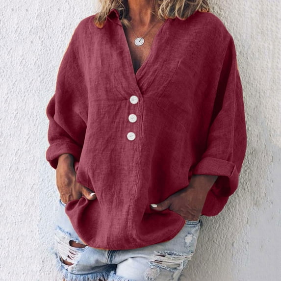 Plus Size Tops for Women Viikei Womens Plus Size Tops,Fall Tops for Women,Women's Fashion Solid Color Tops Long Sleeved Loose Cotton and Linen Loose Shirt Blouse V-Neck Casual Tops Wine XXL