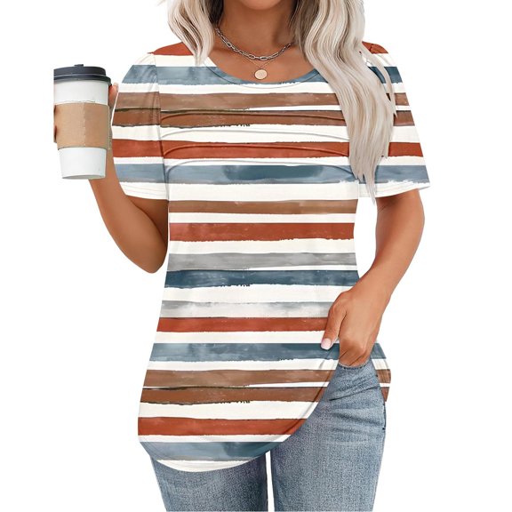 Plus Size Tops for Women Viikei Womens Plus Size Tops Short Sleeve,Women's New Short Sleeve Round Neck Pullover Chest Pleated Casual Print Top Multicolor L