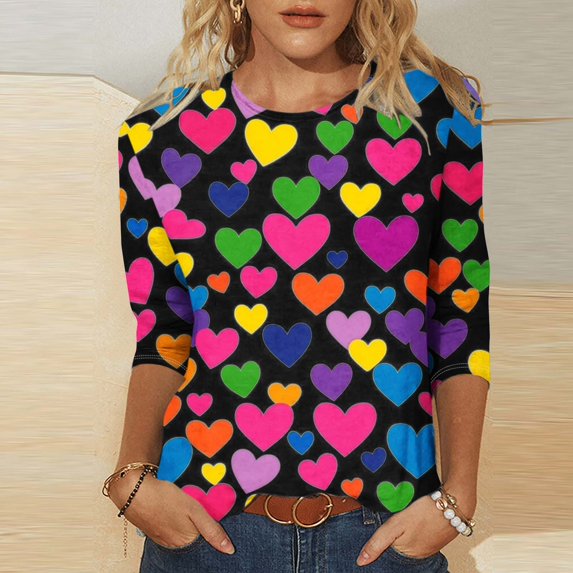 Plus Size Tops for Women Viikei Womens Tops Long Sleeve,Fall Tops for Womens 2025 Trendy,Fashion Woman Casual Round Neck Printing Blouse 3/4 Sleeve T-Shirt Summer Tops Black XL
