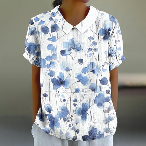 Plus Size Tops for Women Viikei Womens Tops Short Sleeve Dressy,Plus Size T Shirts for Women,Women's Casual Style Casual Printed Short Sleeve Blouse V-Sleeve Blouse/Shirt Blue S