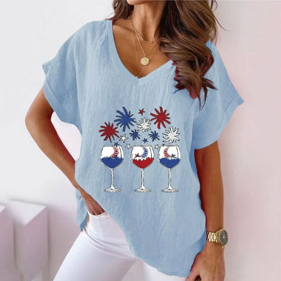 Plus Size Tops for Women Viikei Womens Tops Short Sleeve,Plus Size Womens Tunic Tops Short Sleeve,Women V-neck Print T-Shirts Fashion Comfortable Female Blouses Light Blue S