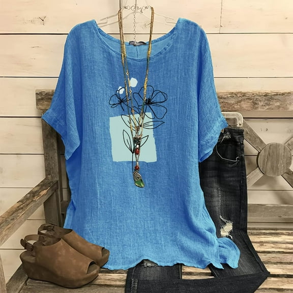 Plus Size Tops for Women Viikei Womens Tops Short Sleeve Summer,Women's Fashion Print Tees Casual Crew Neck Raglan Short Sleeve Loose T Shirt Linen Blouses Blue XXL