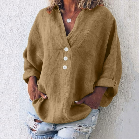 Plus Size Tops for Women Viikei Womens Tops Trendy,Fall Tops for Women,Women's Fashion Solid Color Tops Long Sleeved Loose Cotton and Linen Loose Shirt Blouse V-Neck Casual Tops Khaki S