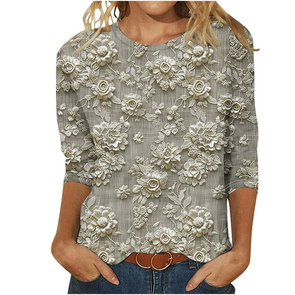 Plus Size Tops for Women Vintage Printed Tunic Tops Crew Neck Pullover Sweater Blouses 3/4 Sleeve Shirts Oversized Loose Fitted Loungewear Dressy Causal Tees Going Out Work Outfits