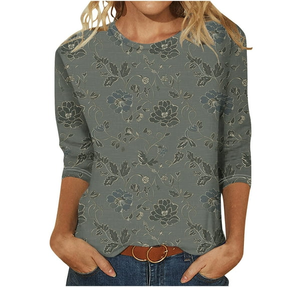 Plus Size Tops for Women Vintage Printed Tunic Tops Crew Neck Pullover Sweater Blouses 3/4 Sleeve Shirts Oversized Loose Fitted Loungewear Dressy Causal Tees Going Out Work Outfits