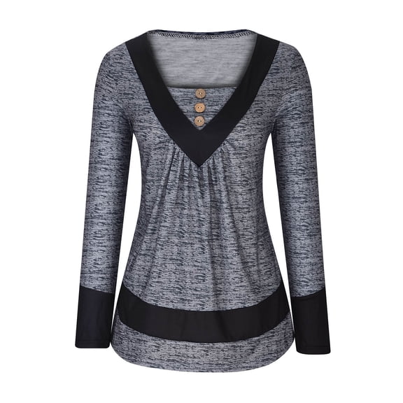 Plus Size Tops for Women Women Fashion Casual Fold Buttons Contrast Color Long Sleeve V-Neck Tops Full-Sleeve Tops Blouse Loose Top T-Shirt Blouse Solid Casual Long Sleeves Hight Neck Shirts