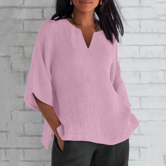Plus Size Tops Women's Fashion Summer Cotton and Linen V Neck Leisure Three-quarter Sleeve Solid Tunic Up to 65% off