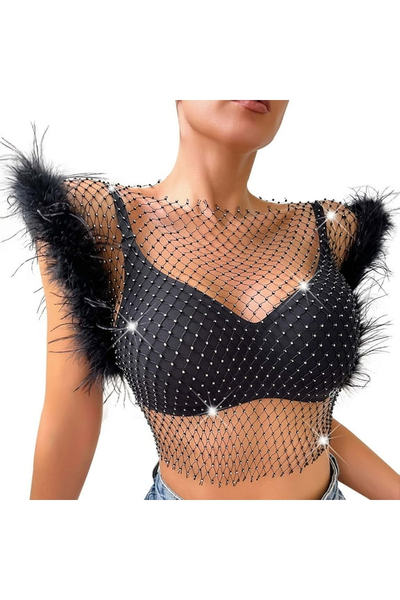 Plus Size Tops Women's Sequined Fishnet Backless Feather Party Clubwear Evening Dressy Blouse for Night Out