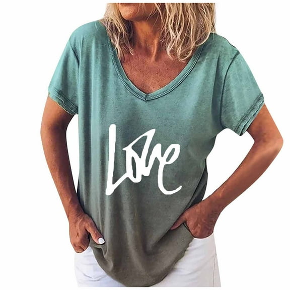 Plus Size Tops Women's casual short-sleeved V-neck gradient positioning printing T-shirt top Green XXXXL