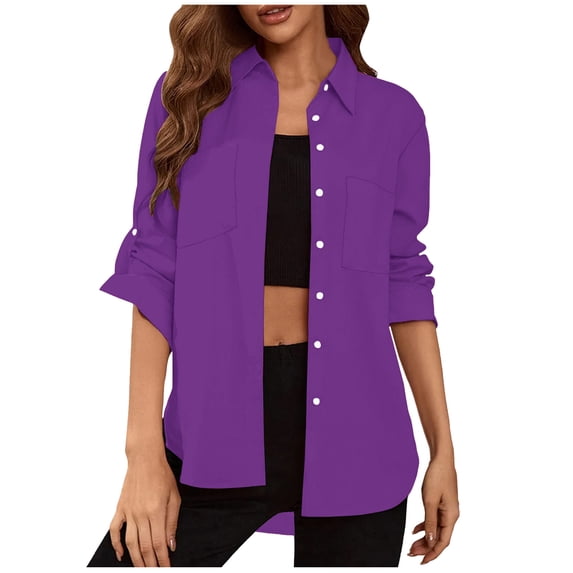 Plus Size Tops Womens Button Down Blouses Casual Turndown Collar Neck Summer Pocket Gradient Regular Long Sleeve