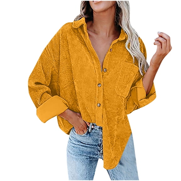 Plus Size Tops Womens Button Down Blouses Corduroy Buttoned Cardigan Long Sleeve Lapel Loose Padded Shirt Tops