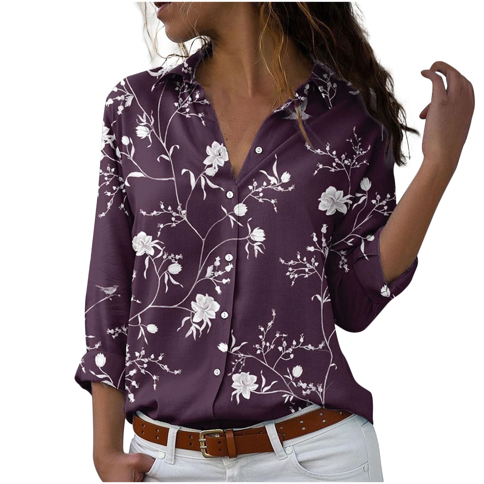 Plus Size Tops Womens Button Down Blouses Long Sleeve Turndown Collar ...