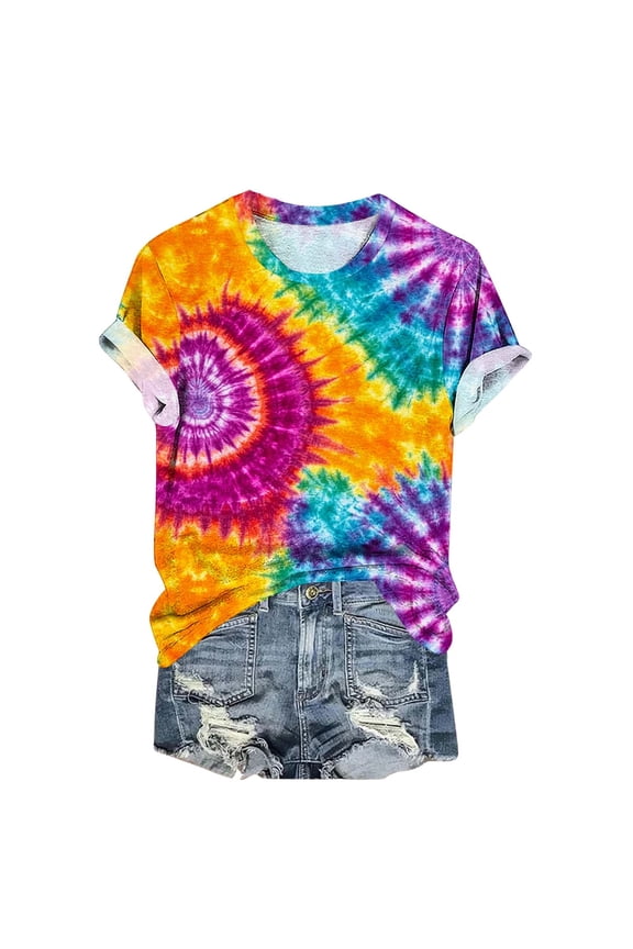 Plus Size Tops Womens Tie Dye Gradient Tshirts Summer Short Sleeve Going Out Tees Hippie Rainbow Shirts Hip Hop Shirts 2026 Spring Summer Limited-time offer