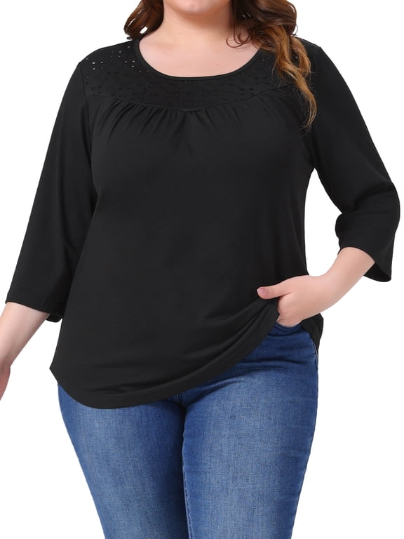 Women's Plus Size Easter Tops Curvy Women 3/4 Sleeve Crochet Lace Detail Blouse Top Tunic Flowy Casual Shirt 3X Black