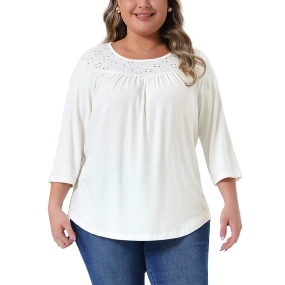 Agnes Orinda Plus Size Tops for Curvy Women 3/4 Sleeve Crochet Lace Detail Blouse Top Tunic Flowy Casual Shirt 3X White