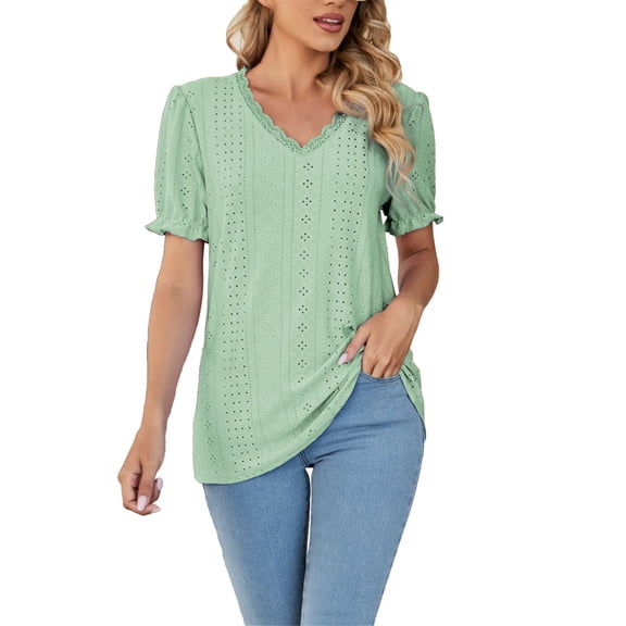 Plus Size Tops for Women 2023 Summer V Neck Short Sleeve Blouse Comfortable Breathable Hollow Out Casual Top