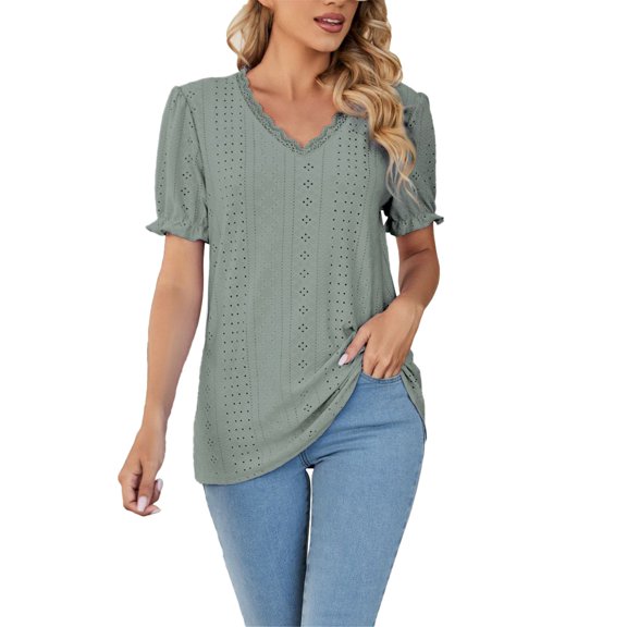 Plus Size Tops for Women 2023 Summer V Neck Short Sleeve Blouse Comfortable Breathable Hollow Out Casual Top