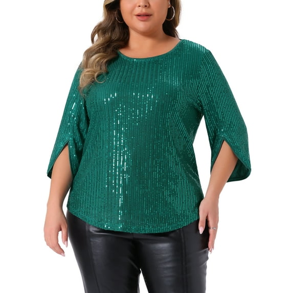 Agnes Orinda Women's Plus Size Tops Glitter 3/4 Slit Sleeve Crew Neck Shimmer Sparkle Sequin Party Blouse Tops 2025 1X Green