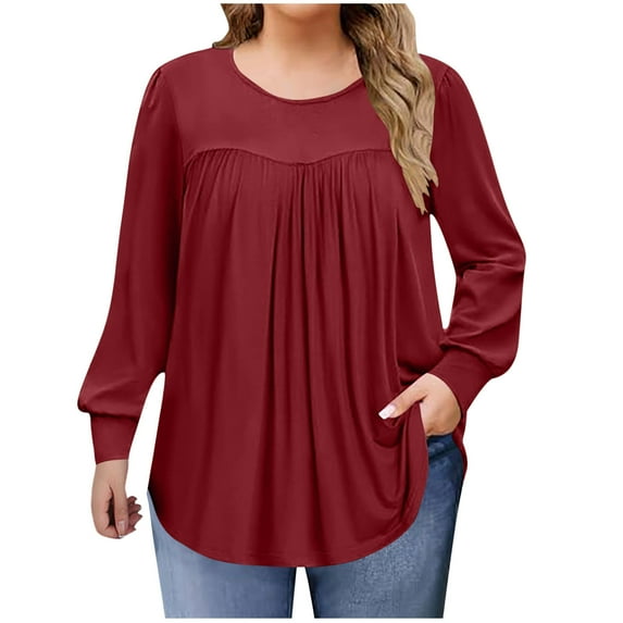 Plus Size Tops for Women 2025 Pleated Crew Neck Long Sleeve Shirt For Ladies Fall Elegant Office Work Blouse