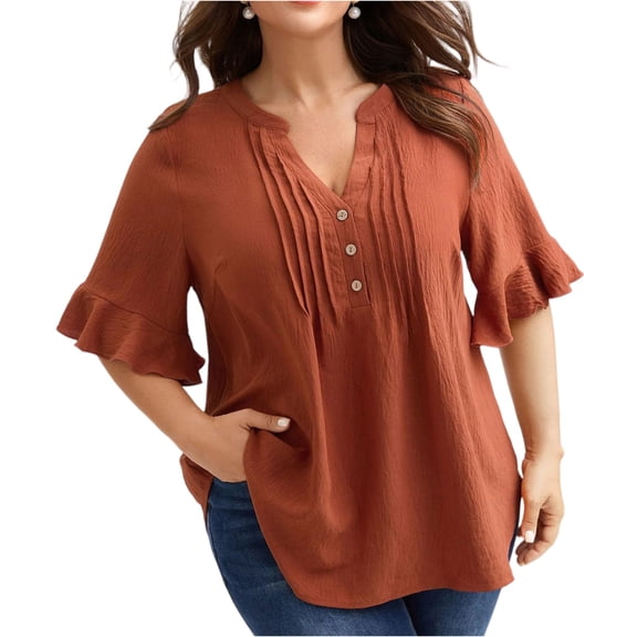 Plus Size Tops for Women 2026 Summer Ruffle Short Sleeve T Shirts Loose Fit V Neck Button Down Blouses Dressy Casual Peplum Tops OIOLOYJM Orange M