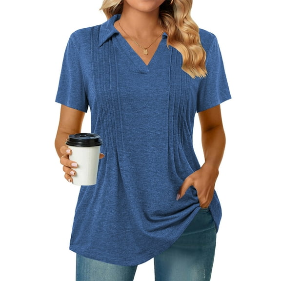 Plus Size Tops for Women 2Xl Casual Trendy Short Sleeve Tees Summer Dressy Polo V Neck T Shirts Blue